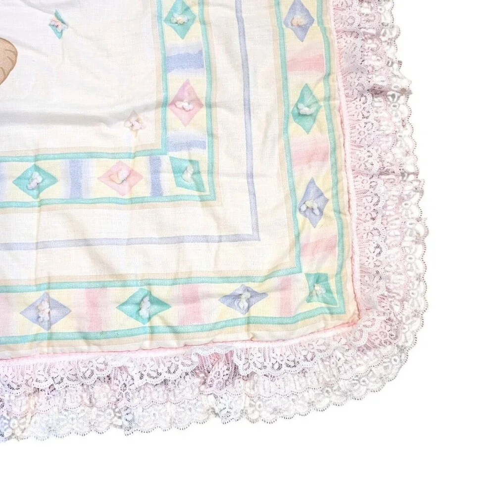 Vintage Baby Girl Quilt Blanket Lace Edge Teddy Bear Balloons Hand Stitched‎